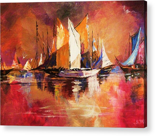 Boats Acrylic Print featuring the painting Anchored at Sunset by Al Brown