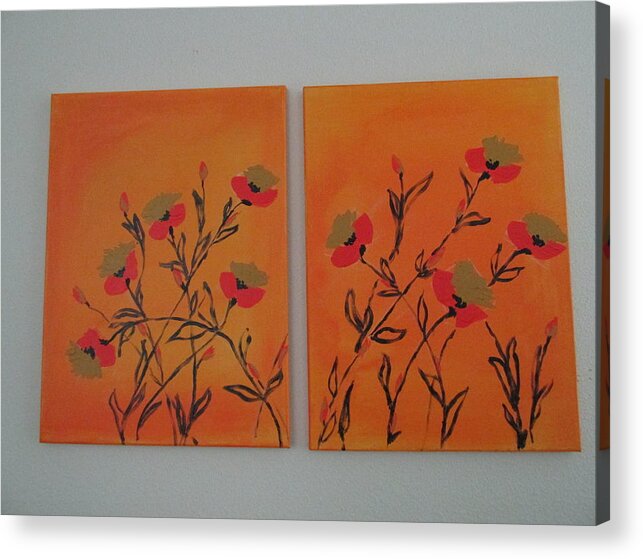 Poppies Flanders France French Wildflowers Fields Lively Uplifting Orangegold Yellow Ochre Black Abstract Acrylic Print featuring the painting Flanders Poppies by Sharyn Winters