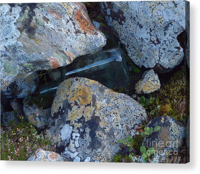 Rocks Acrylic Print featuring the photograph Lichen Rocks and Bottle by Phil Banks