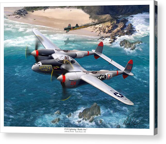 Airplanes Acrylic Print featuring the painting P-38 Lightning Battle Axe by Mark Karvon