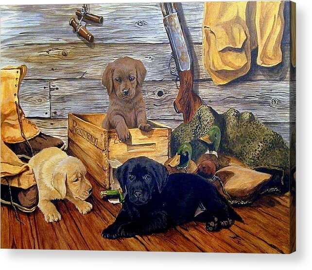 Lab Puppies Acrylic Print featuring the painting Three Times the Trouble by Tim Joyner