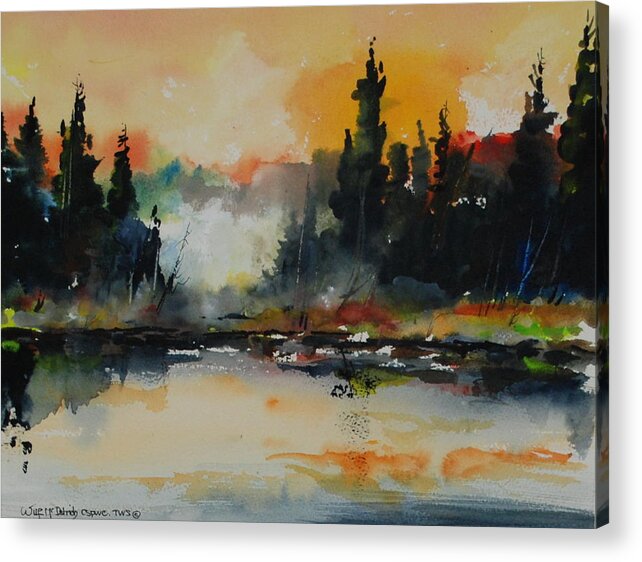 Sunrise Dawn Lakes Rivers Mists On Water Landscapes Reflections On Water Acrylic Print featuring the painting Morning Mists Rising by Wilfred McOstrich