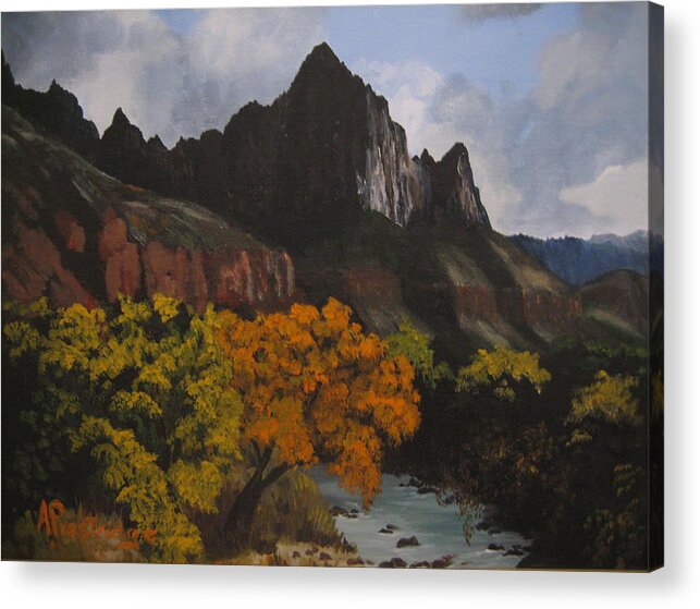 Fall Acrylic Print featuring the painting Rugged Peaks by Barbara Prestridge