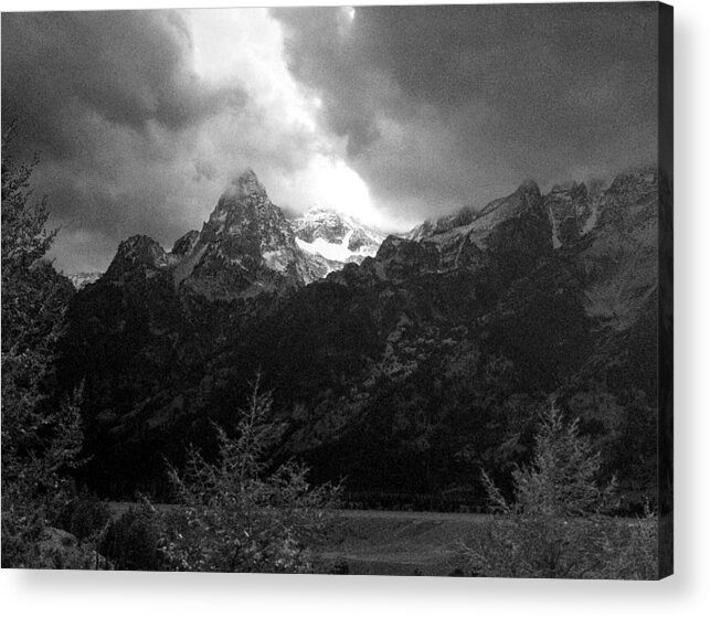 Yellowstone; National Park; Landscape; Black; White; Cloud; Overcast; Storm; Thunder; Pine; Tree; Mountain; Foothill; Elevation; Alp; Valley; Peak; Top; Mountaintop; Summit; Crest; Point; Climax; Zenith; Highpoint; Apex; Base; Snow; Ice; Weather; Jackson Hole; Montana Acrylic Print featuring the photograph Stormy MountainTop by D L McDowell-Hiss