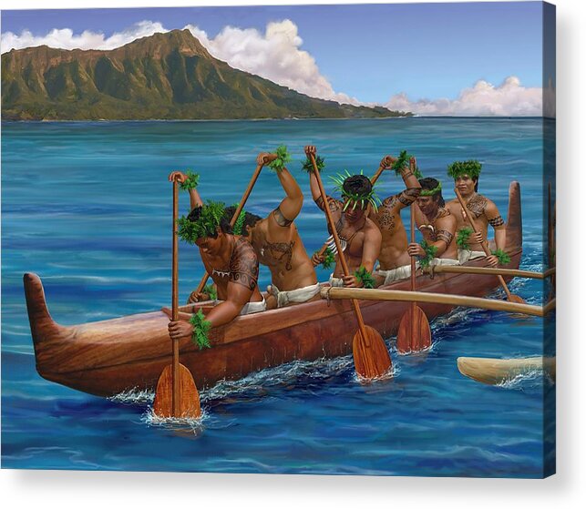 Hawaii Acrylic Print featuring the painting Kane Hawaiian Canoe Paddlers by Stephen Jorgensen