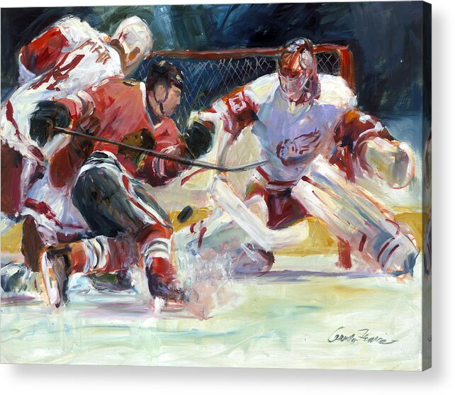 Sports Chicago Blackhawks Detroit Red Wings Hockey Goalmouth Action Acrylic Print featuring the painting Crashing The Net by Gordon France