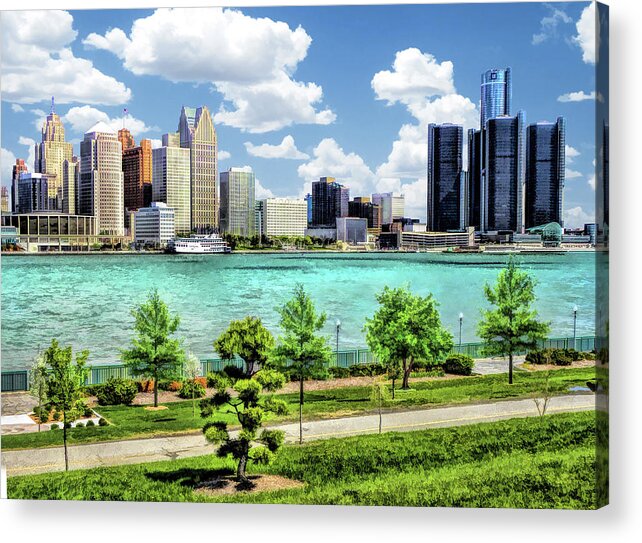 Detroit Acrylic Print featuring the painting Detroit River Skyline by Christopher Arndt