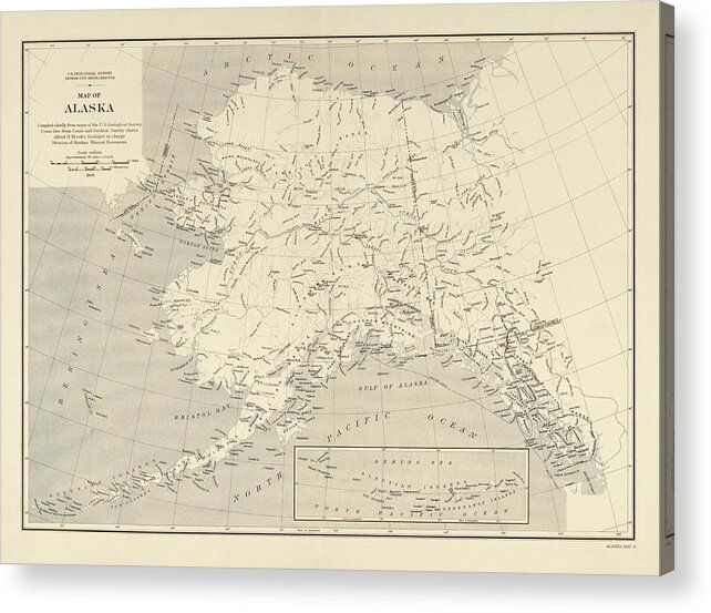 Map Acrylic Print featuring the drawing Old Alaska Map by the US Geological Survey - 1909 by Blue Monocle