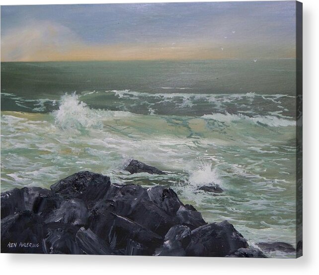 Ocean Acrylic Print featuring the painting On the Rocks by Ken Ahlering