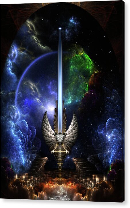 Angel Wing Sword Of Arkledious Acrylic Print featuring the digital art The Angel Wing Sword Of Arkledious Space Fractal Art Composition by Rolando Burbon