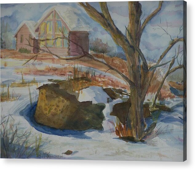 Rock Wall Acrylic Print featuring the painting Rock Wall in Winter by Barbara McGeachen