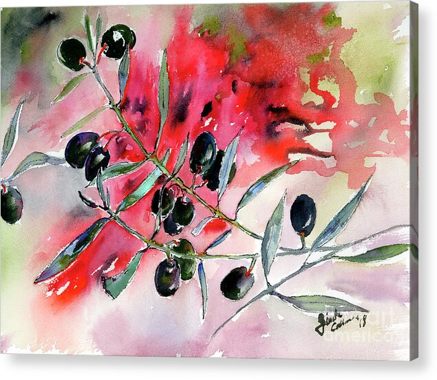 Olives Acrylic Print featuring the painting Olive Branch Watercolor by Ginette Callaway