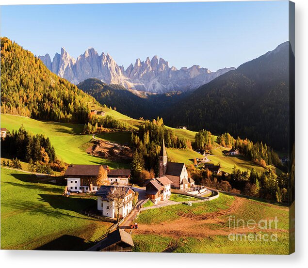Dolomites Acrylic Print featuring the photograph Aerial view of famous town in autumn, Dolomites, Italy by Matteo Colombo