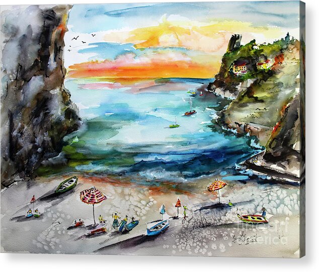 Amalfi Acrylic Print featuring the painting Amalfi Coast Italy The Cove 2 Watercolors and Ink by Ginette Callaway