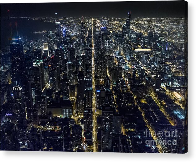Chicago Acrylic Print featuring the photograph Chicago Night Skyline Aerial Photo #18 by David Oppenheimer