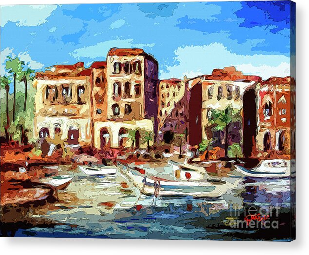 French Riviera Acrylic Print featuring the mixed media French Riviera Village and Boats by Ginette Callaway