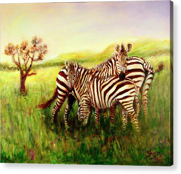 Zebra Acrylic Print featuring the painting Zebras at Ngorongoro Crater by Sher Nasser