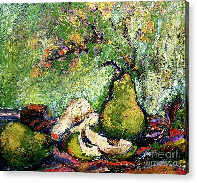 Pears Acrylic Print featuring the painting Impressionist Pears and Chocolate oil Painting by Ginette Callaway