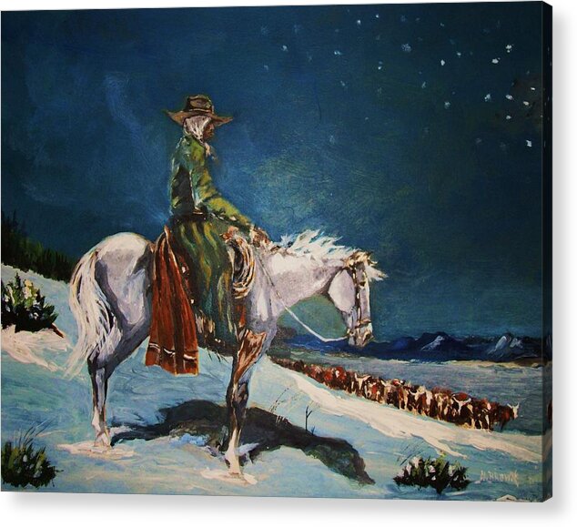 Westerm Art Acrylic Print featuring the painting On Night Herd in Winter by Al Brown