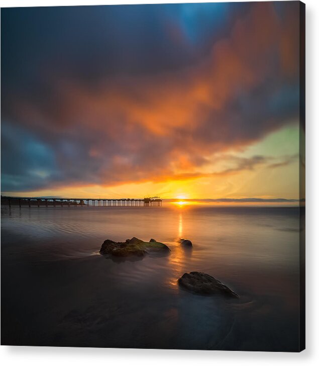 California; Long Exposure; Ocean; San Diego;seascape; Sky; Sunset; Sun; Clouds; Pier; Scripps; Reef; Waves; Reflections Acrylic Print featuring the photograph Scripps Pier Sunset 2 - Square by Larry Marshall