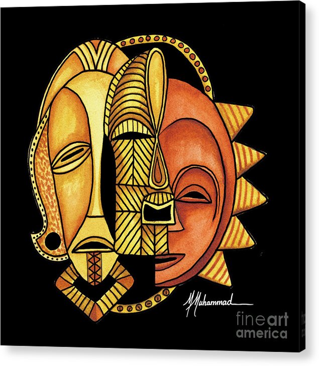 Mask Acrylic Print featuring the painting Maruvian Masks 4 Black by Marcella Muhammad