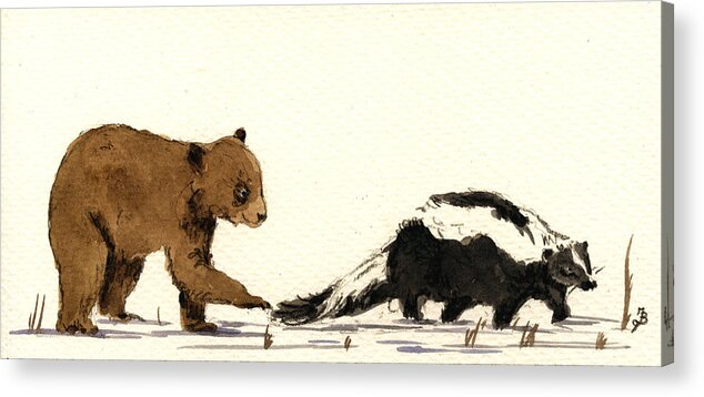 Cub Acrylic Print featuring the painting Cub bear playing with skunk #1 by Juan Bosco