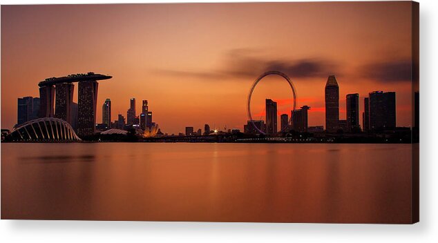 Panoramic Acrylic Print featuring the photograph Dusk At Marina Bay Sands + Singapore by © Copyright Kengoh8888