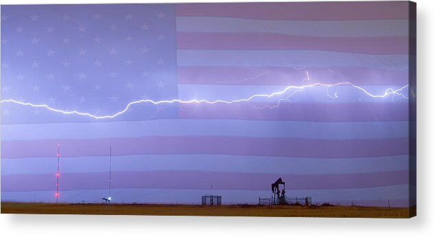 Lightning Acrylic Print featuring the photograph Long Lightning Bolt Across American Oil Well Country Sky by James BO Insogna