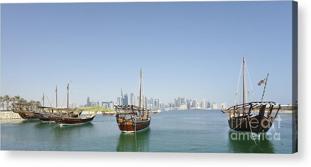 Dhow Acrylic Print featuring the photograph Panoramic dhows and Qatar skyline by Paul Cowan