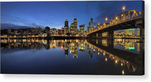 Portland Acrylic Print featuring the photograph Portland Downtown Skyline by Hawthorne Bridge at Blue Hour Panor by David Gn
