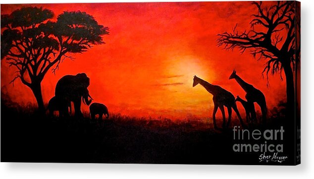 Acacia Trees Acrylic Print featuring the painting Sunset at Serengeti by Sher Nasser