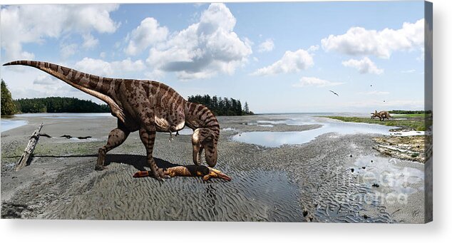 Dinosaur Acrylic Print featuring the digital art Tyrannosaurus enjoying seafood - wide format by Julius Csotonyi