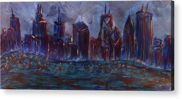 Chicago Acrylic Print featuring the painting Chicago Night Skyline with Lake Sail Boats on water Buildings and Architecture in Blue Orange Green by M Zimmerman MendyZ