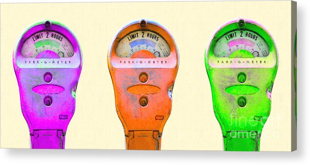 Park-o-meter Acrylic Print featuring the photograph Three Park-O-Meter Parking Meter . One Hour Limit by Wingsdomain Art and Photography
