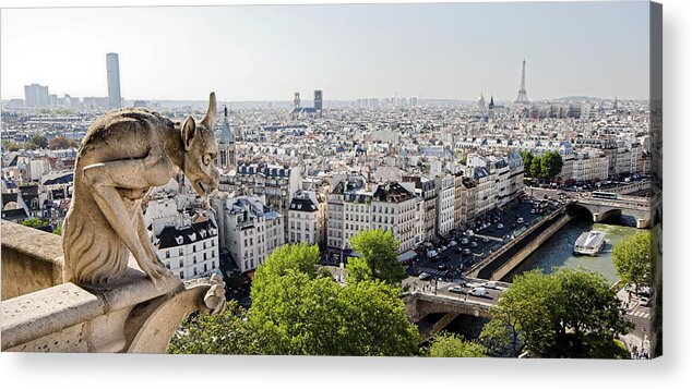 Gargoyle Acrylic Print featuring the photograph Gargoyle guarding the Notre Dame Basilica in Paris #3 by Pierre Leclerc Photography