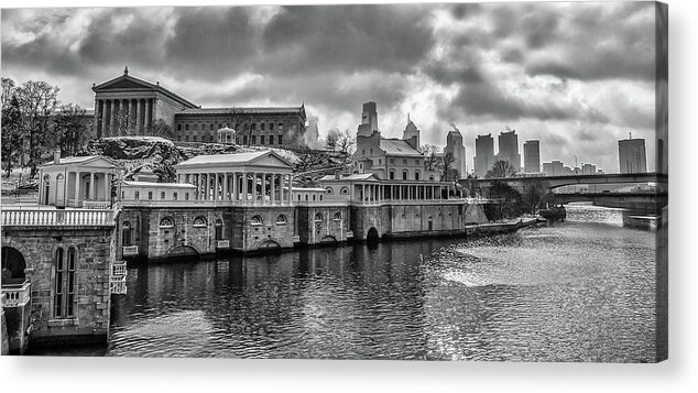 Winter Acrylic Print featuring the photograph Along the Schuylkill River - Fairmount Waterworks in Black and W by Bill Cannon