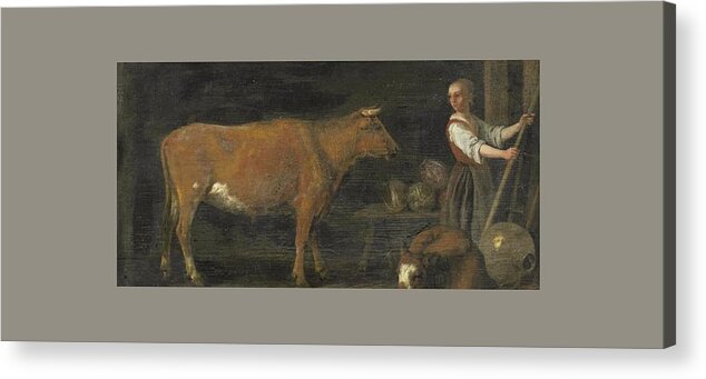 Attributed To Abraham Pietersz. Van Calraet (dordrecht 1642-1722) A Barn Interior With A Milkmaid And Cattle Acrylic Print featuring the painting Barn Interior With A Milkmaid And Cattle by MotionAge Designs