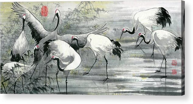 Red-crowned Crane Acrylic Print featuring the painting Cranes - 11 by River Han