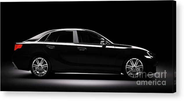 Car Acrylic Print featuring the photograph New black metallic sedan car in spotlight by Michal Bednarek