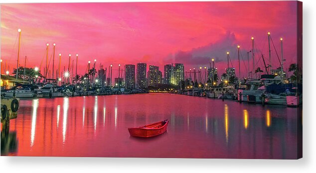 Sunset Ocean Harbor Boats Honululu City Lights Acrylic Print featuring the photograph Red Skies At Night by James Roemmling