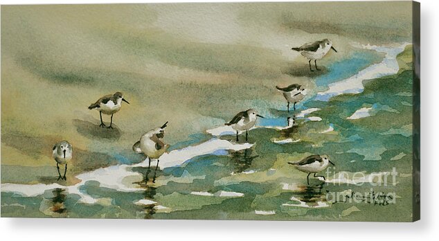 Beach Watercolors Art Acrylic Print featuring the painting Seven Sandpipers at the Seashore by Julianne Felton