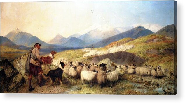 Richard Ansdell - Sheep Gathering In Glen Spean 1872 Acrylic Print featuring the painting Sheep Gathering in Glen Spean by MotionAge Designs