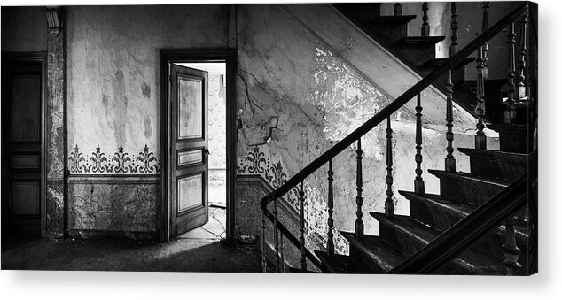 Castle Acrylic Print featuring the photograph The mystery room - urban decay BW by Dirk Ercken