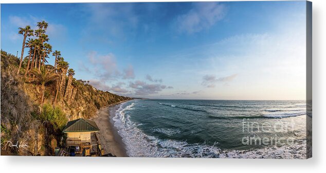 Beach Acrylic Print featuring the photograph A Panoramic View of Swami's Beach with Cliffs at Sunset by David Levin