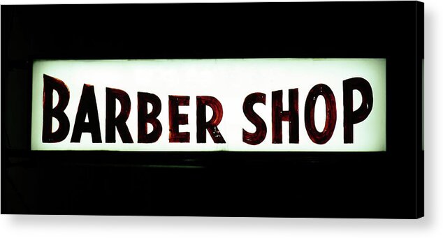 Panoramic Acrylic Print featuring the photograph Barber Shop Sign At Night by Kevinruss