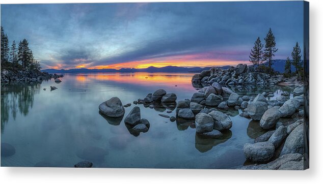 Beach Acrylic Print featuring the photograph Colorful Sunset at Sand Harbor Panorama by Andy Konieczny