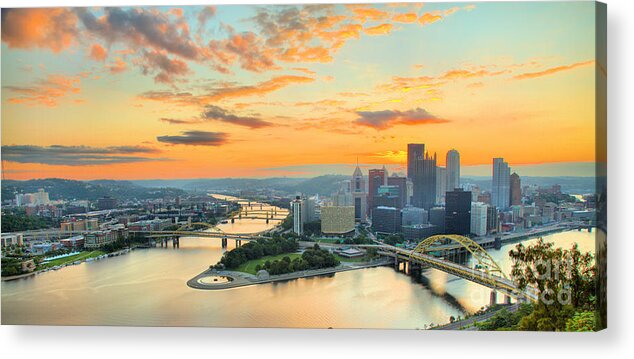 Pittsburgh Acrylic Print featuring the photograph August Orange Sunrise Skies Over Pittsburgh Panorama by Adam Jewell