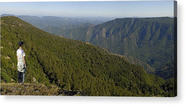 Scenics Acrylic Print featuring the photograph France, Mount Aigoual, Cevennes region, boy (12-13) looking at mountain range from Mount Aigoual by Sami Sarkis