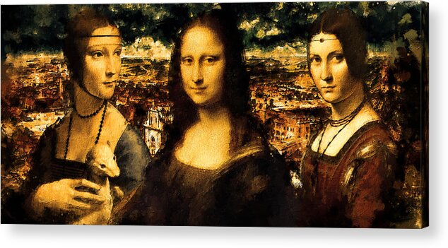 Lady With An Ermine Acrylic Print featuring the digital art Lady with an Ermine, Mona Lisa, and La Belle Ferronniere - digital recreation by Nicko Prints