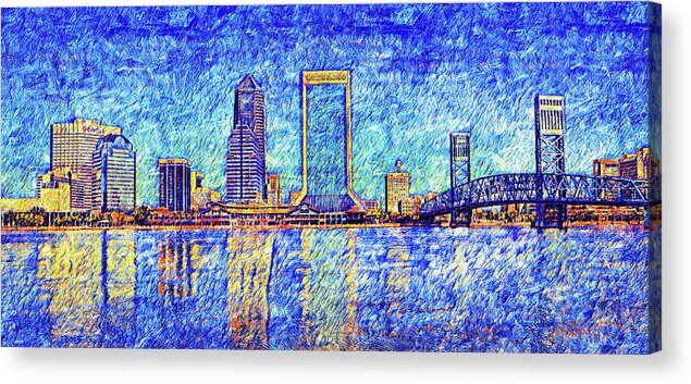 Downtown Jacksonville Acrylic Print featuring the digital art The waterfront of downtown Jacksonville, Florida - digital painting by Nicko Prints